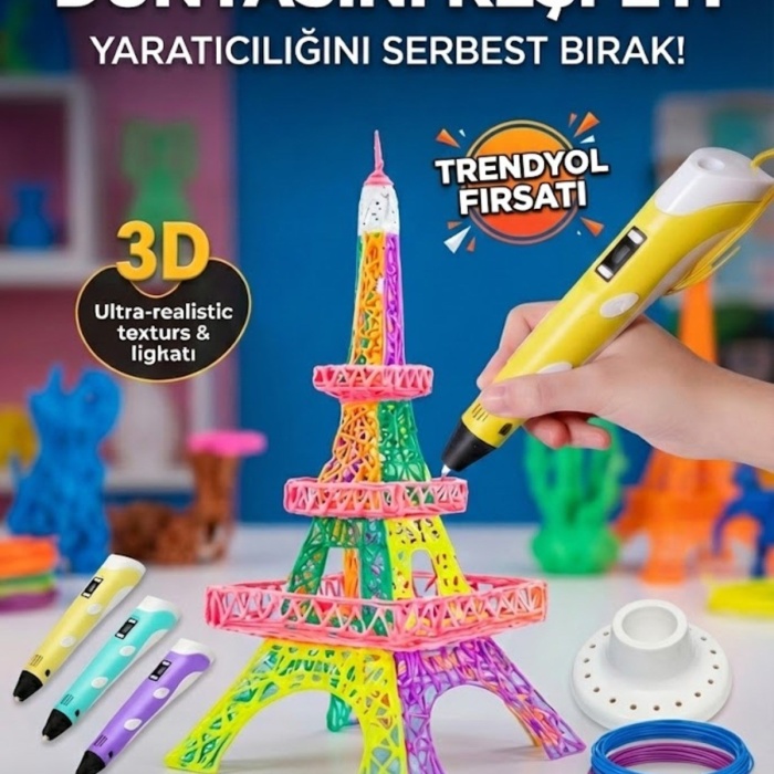 ® Yeni Ürün 3D Kalem Seti (SARI) Dijital Göstergeli + 3 Renk Filament Hediyeli Eğitici Yazıcı ABS/PLA Uyumlu